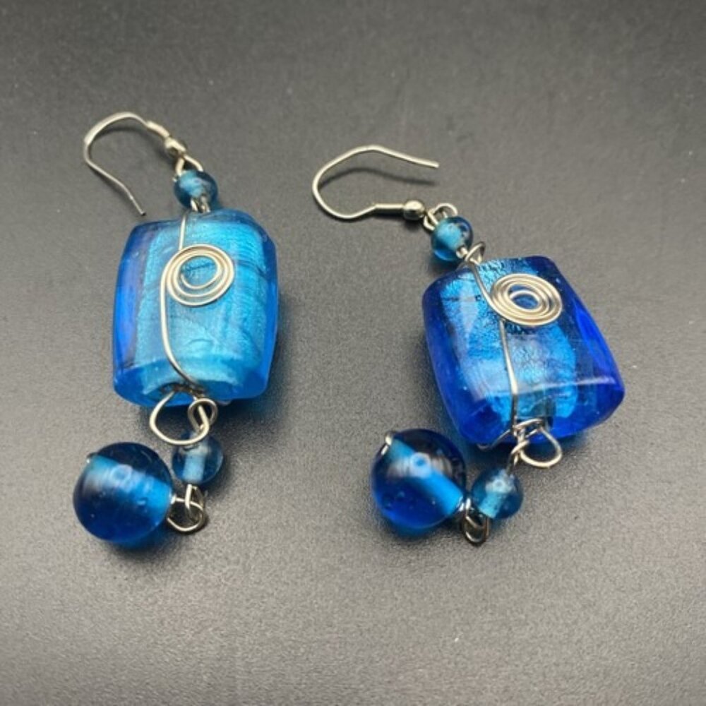 Chunky Necklace & Earrings Blue/Silver Foil Lined Rectangle Glass Bead Wire Wrap - Picture 6 of 9